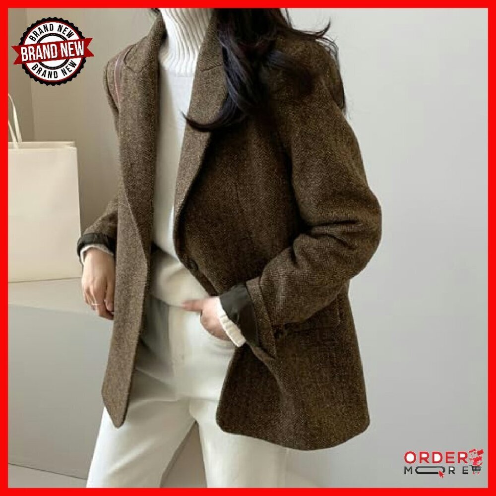 Wool Blend Blazer Jacket Women's Business Casual Mid Thigh Length - Picture 3 of 8